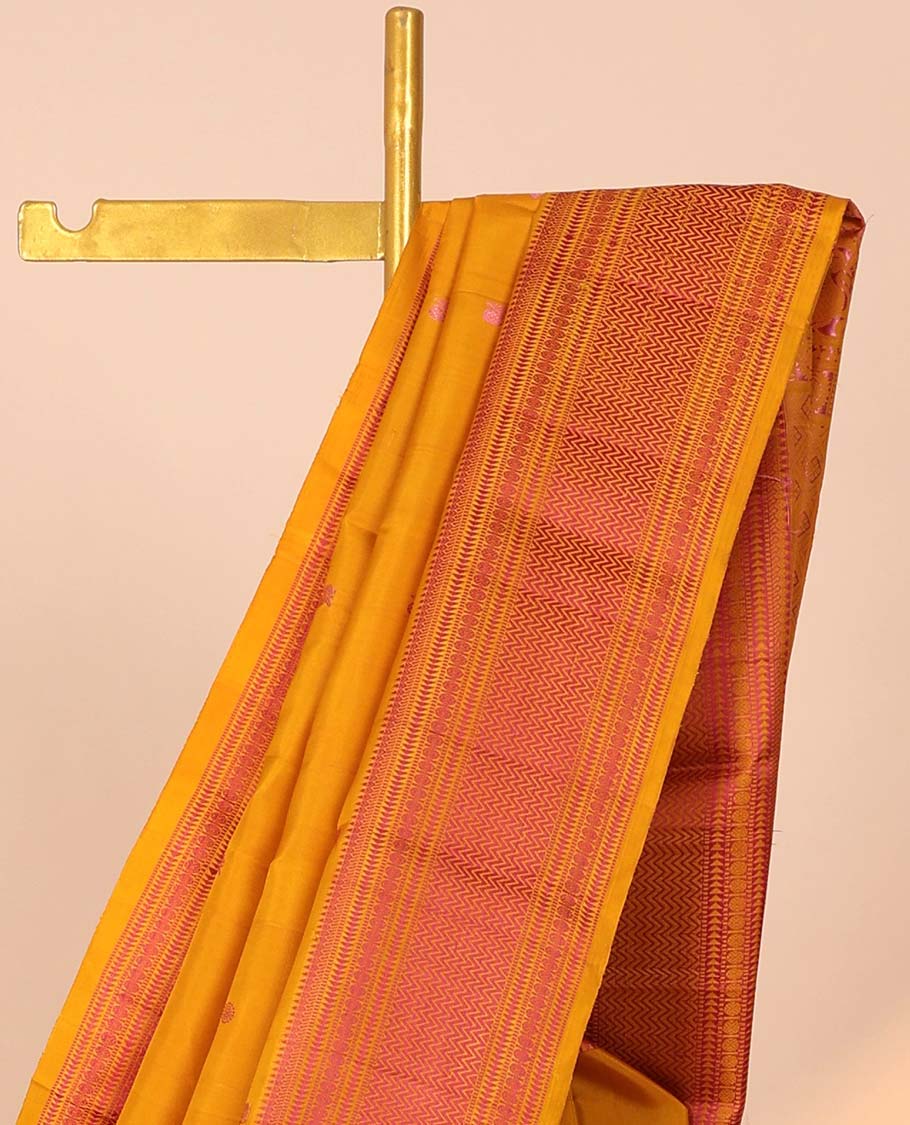 Yellow mayil chakram kanchipuram silk saree, jaal pallu & border of thilakam,banaras,muthu,ara bogudi,poun & vanki