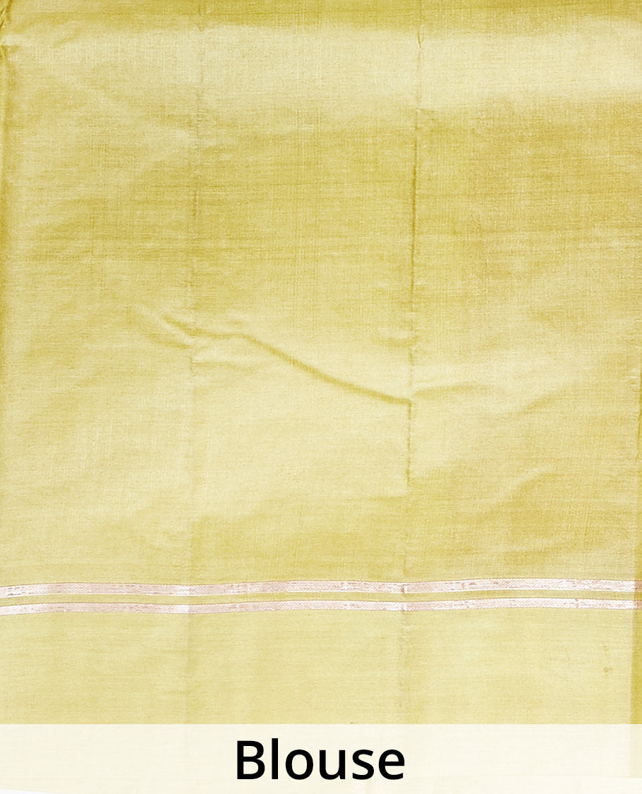 Mustard tusser silk saree with zari buttas, zari striped border