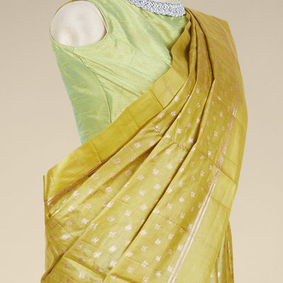 Mustard tusser silk saree with zari buttas, zari striped border