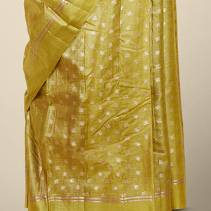 Mustard tusser silk saree with zari buttas, zari striped border