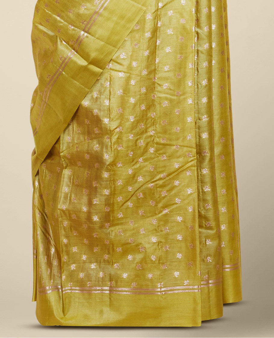 Mustard tusser silk saree with zari buttas, zari striped border