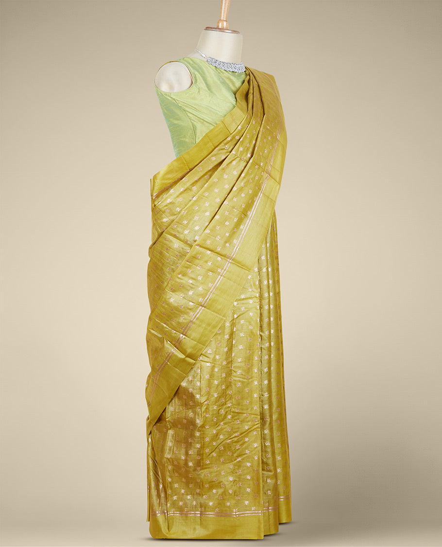Mustard tusser silk saree with zari buttas, zari striped border