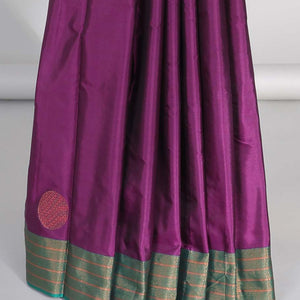 Purple aarani gift saree with buttas, contrast striped border & pallu of stripes