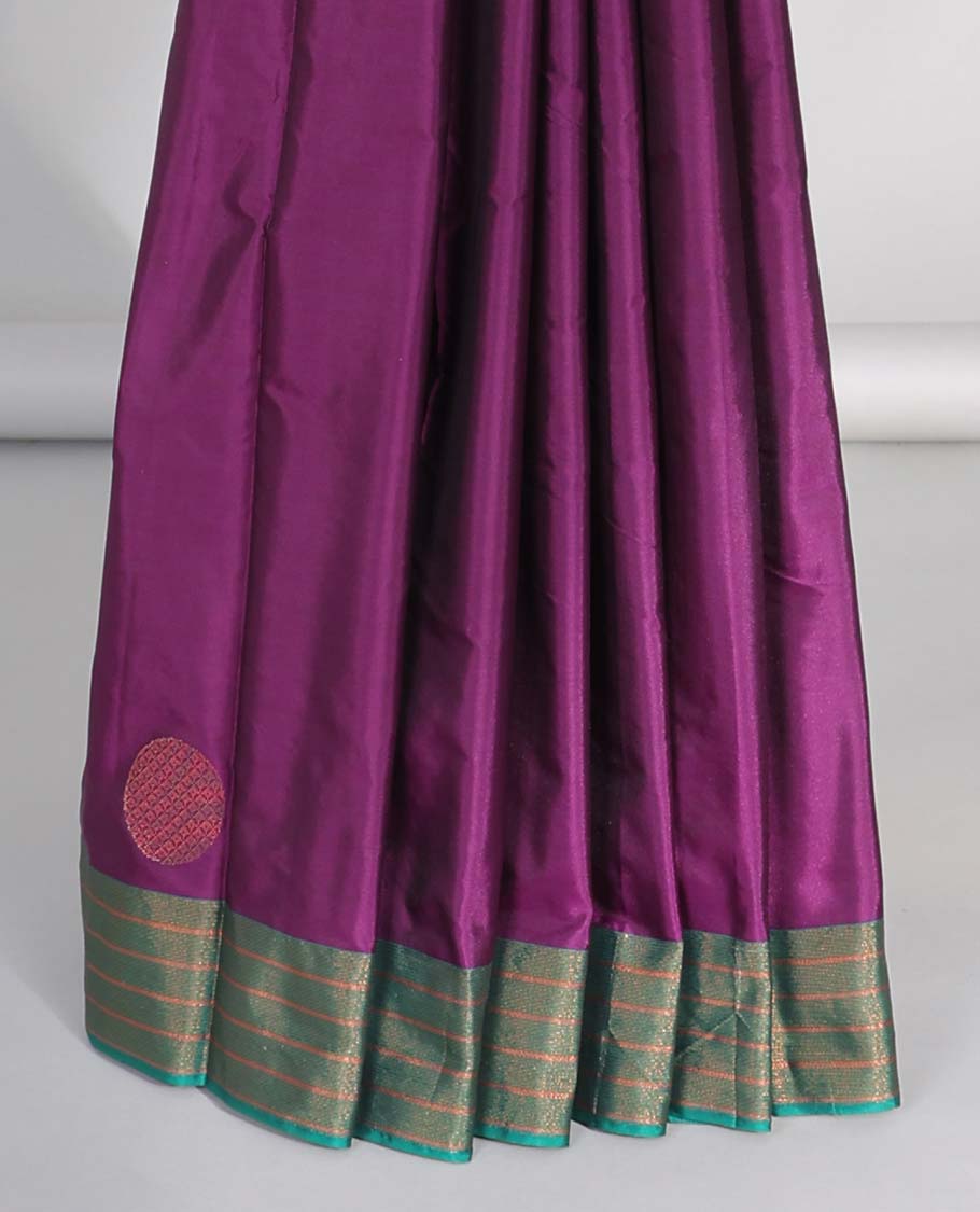 Purple aarani gift saree with buttas, contrast striped border & pallu of stripes