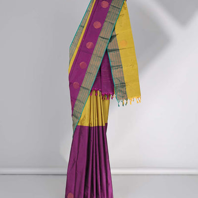Purple aarani gift saree with buttas, contrast striped border & pallu of stripes