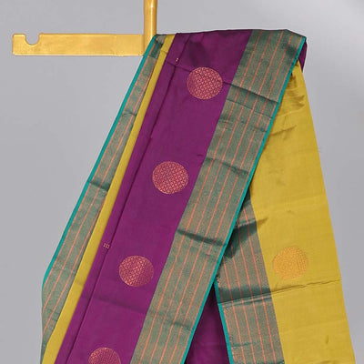 Purple aarani gift saree with buttas, contrast striped border & pallu of stripes