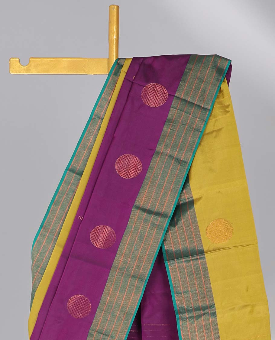 Purple aarani gift saree with buttas, contrast striped border & pallu of stripes