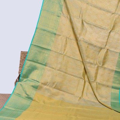 Gold jacquard Kanchipuram tissue silk saree, contrast jaal pallu & border of thilakam,kathir & intricate designs