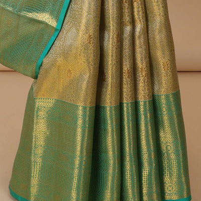 Gold jacquard Kanchipuram tissue silk saree, contrast jaal pallu & border of thilakam,kathir & intricate designs