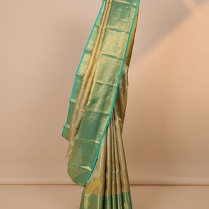 Gold jacquard Kanchipuram tissue silk saree, contrast jaal pallu & border of thilakam,kathir & intricate designs