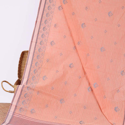Orange stripes & thread embroidered chirala cotton saree, chevron border & pallu of stripes