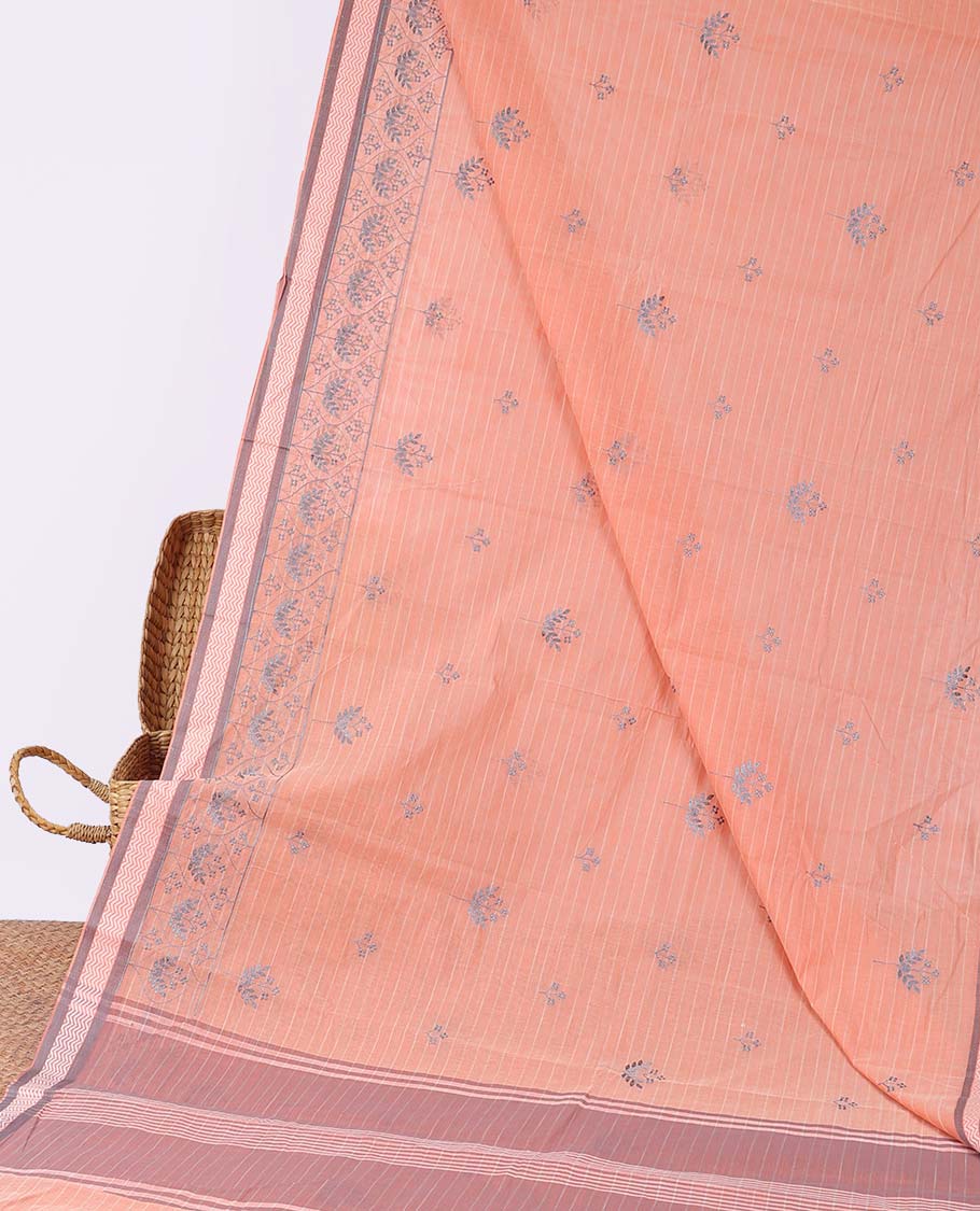 Orange stripes & thread embroidered chirala cotton saree, chevron border & pallu of stripes