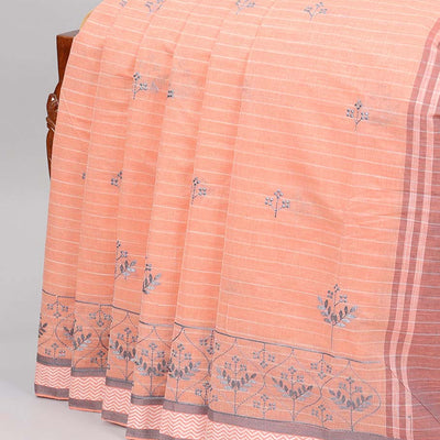 Orange stripes & thread embroidered chirala cotton saree, chevron border & pallu of stripes