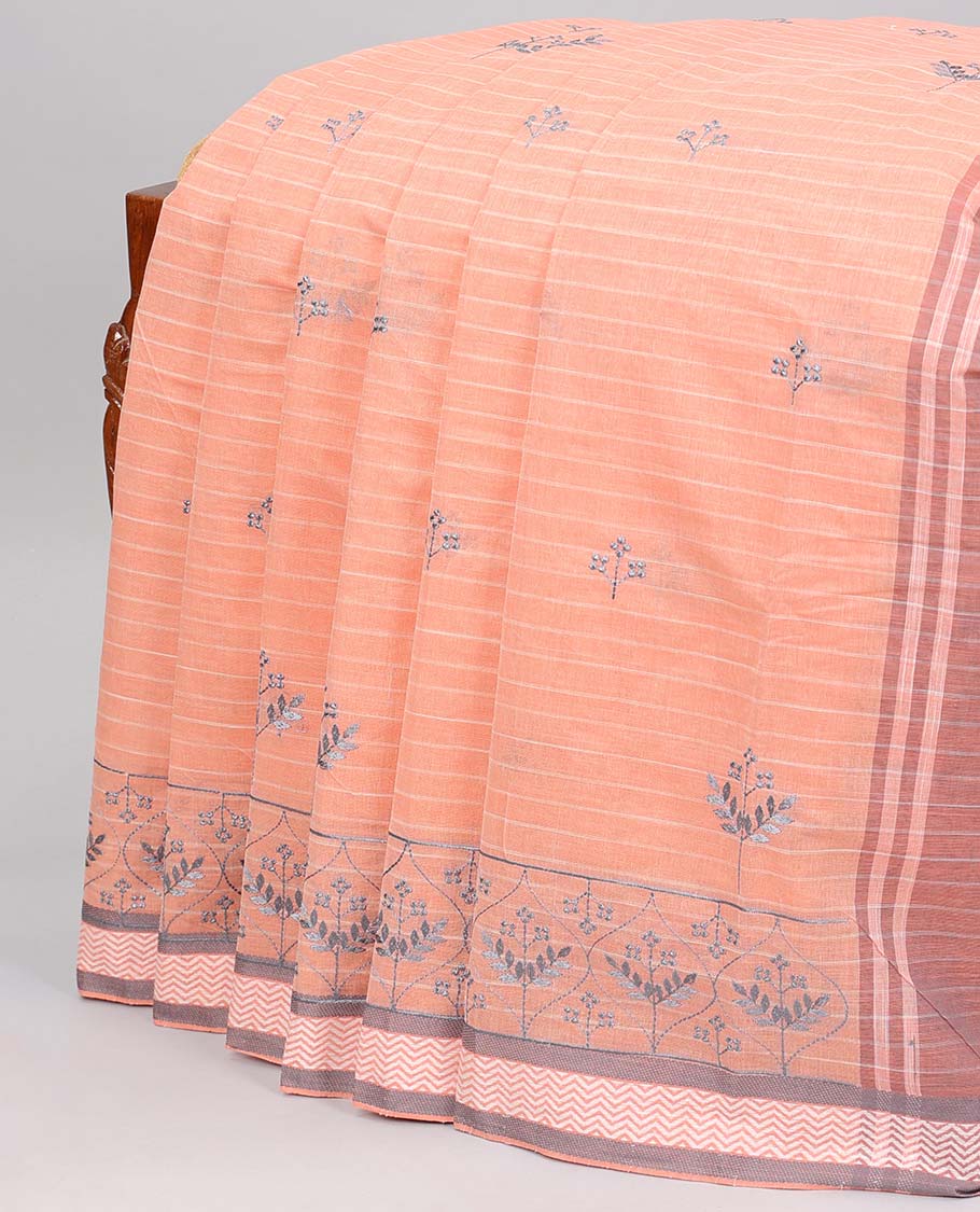 Orange stripes & thread embroidered chirala cotton saree, chevron border & pallu of stripes