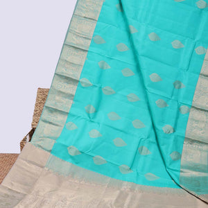 Blue zari buttas silk saree, zari border of manga,kamalam,muthu,mayil & yaanai & contrast intricate pallu