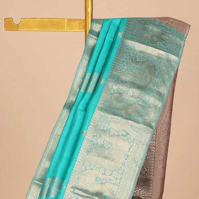 Blue zari buttas silk saree, zari border of manga,kamalam,muthu,mayil & yaanai & contrast intricate pallu