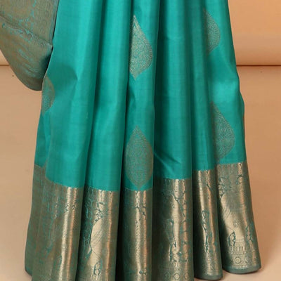 Blue zari buttas silk saree, zari border of manga,kamalam,muthu,mayil & yaanai & contrast intricate pallu