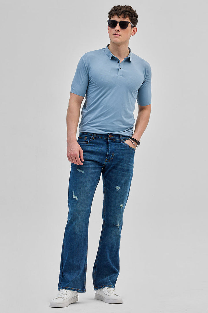 Blue Textured Stitchless Polo T-Shirt