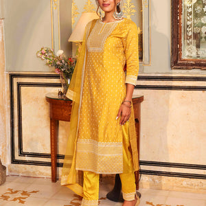 Solid Ethnic Woven & Embroidered Straight Kurta with Pant & Dupatta - Yellow