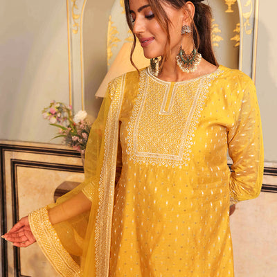 Solid Ethnic Woven & Embroidered Straight Kurta with Pant & Dupatta - Yellow