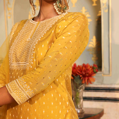 Solid Ethnic Woven & Embroidered Straight Kurta with Pant & Dupatta - Yellow