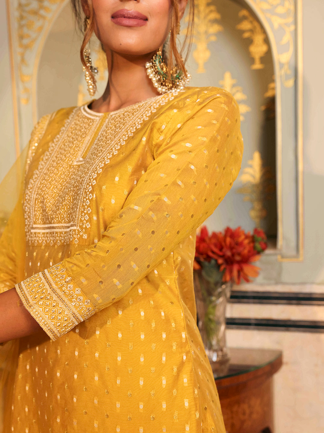 Solid Ethnic Woven & Embroidered Straight Kurta with Pant & Dupatta - Yellow