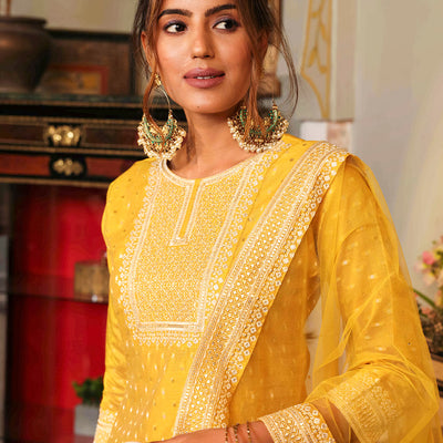 Solid Ethnic Woven & Embroidered Straight Kurta with Pant & Dupatta - Yellow