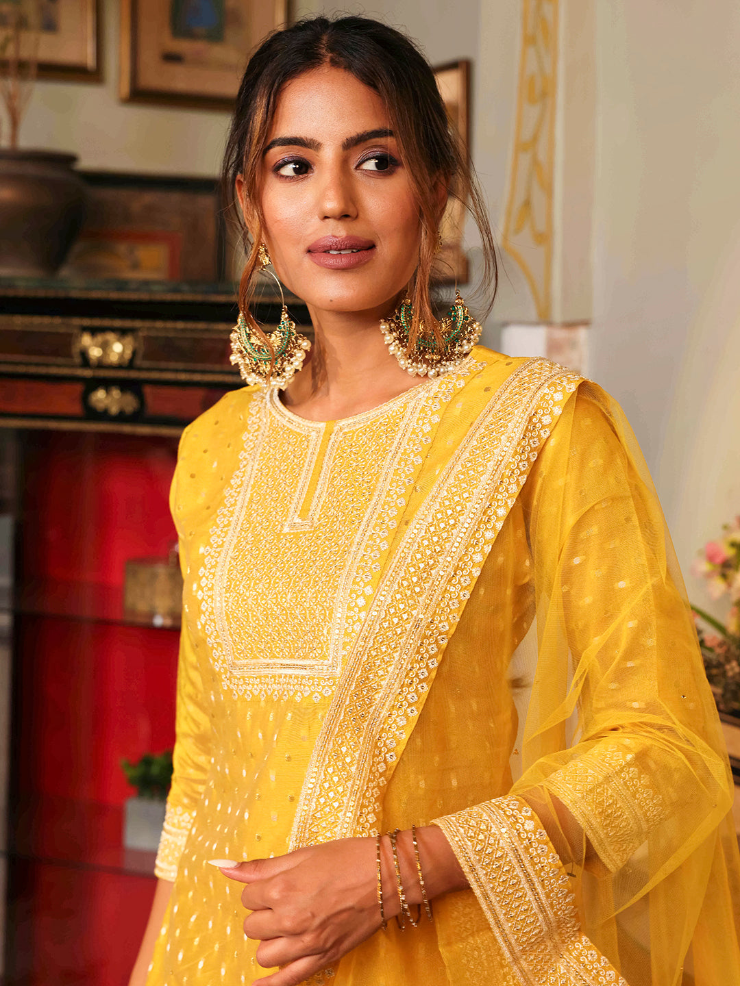 Solid Ethnic Woven & Embroidered Straight Kurta with Pant & Dupatta - Yellow