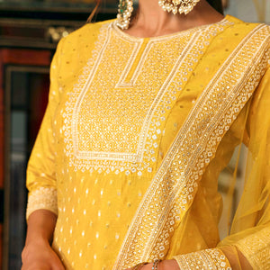 Solid Ethnic Woven & Embroidered Straight Kurta with Pant & Dupatta - Yellow