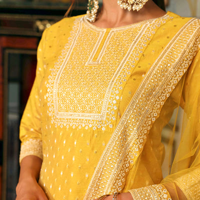 Solid Ethnic Woven & Embroidered Straight Kurta with Pant & Dupatta - Yellow