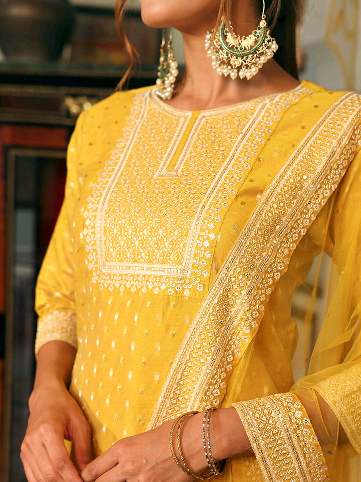 Solid Ethnic Woven & Embroidered Straight Kurta with Pant & Dupatta - Yellow