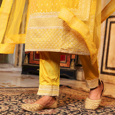 Solid Ethnic Woven & Embroidered Straight Kurta with Pant & Dupatta - Yellow