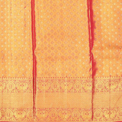 Orange jacquard pure silk half saree,jaal dhavani,contrast jacquard blouse & border of thilakam,muthu,mayil & mayil kann