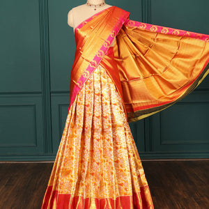 Orange jacquard pure silk half saree,jaal dhavani,contrast jacquard blouse & border of thilakam,muthu,mayil & mayil kann