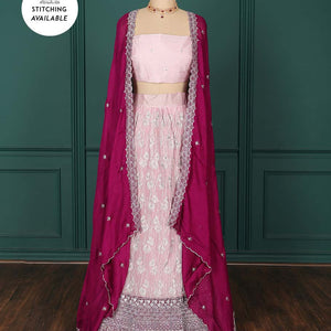 Pink artsilk halfsaree, contrast embroidered border,embroidered blouse & scallop embroidered dhavani