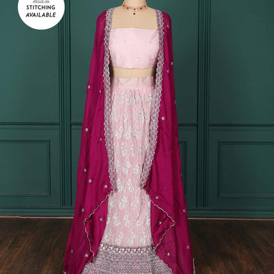 Pink artsilk halfsaree, contrast embroidered border,embroidered blouse & scallop embroidered dhavani