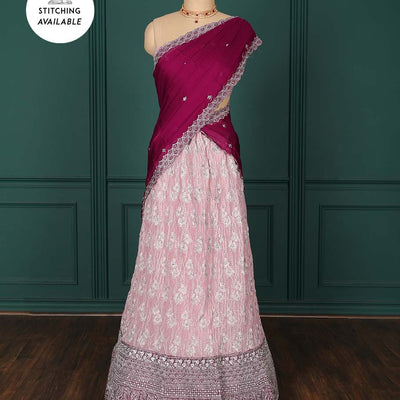 Pink artsilk halfsaree, contrast embroidered border,embroidered blouse & scallop embroidered dhavani