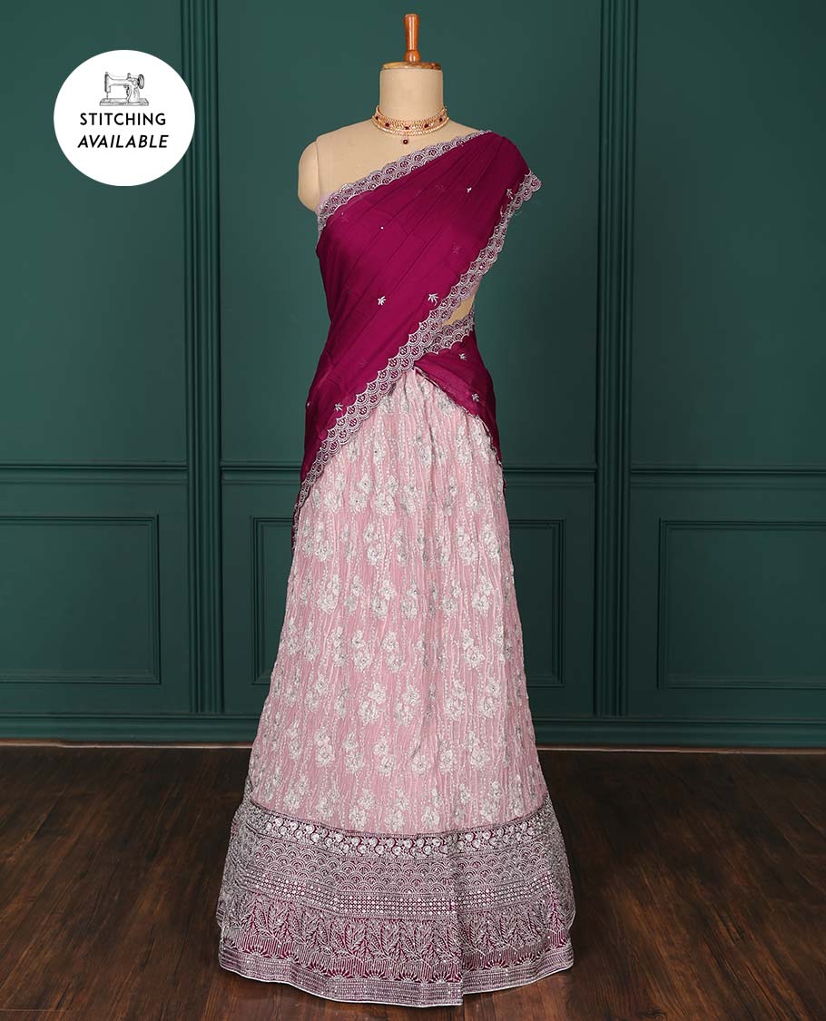 Pink artsilk halfsaree, contrast embroidered border,embroidered blouse & scallop embroidered dhavani