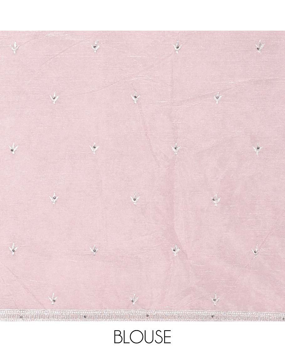 Pink artsilk halfsaree, contrast embroidered border,embroidered blouse & scallop embroidered dhavani