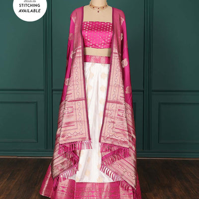 Cream zari buttas artsilk halfsaree, contrast traditional zari design border, jacquard blouse & intricate dhavani