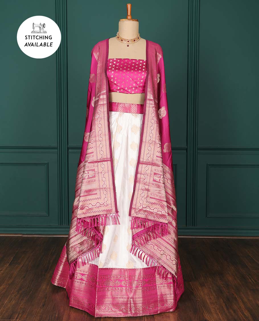 Cream zari buttas artsilk halfsaree, contrast traditional zari design border, jacquard blouse & intricate dhavani