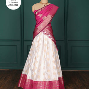 Cream zari buttas artsilk halfsaree, contrast traditional zari design border, jacquard blouse & intricate dhavani