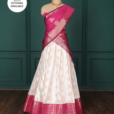 Cream zari buttas artsilk halfsaree, contrast traditional zari design border, jacquard blouse & intricate dhavani