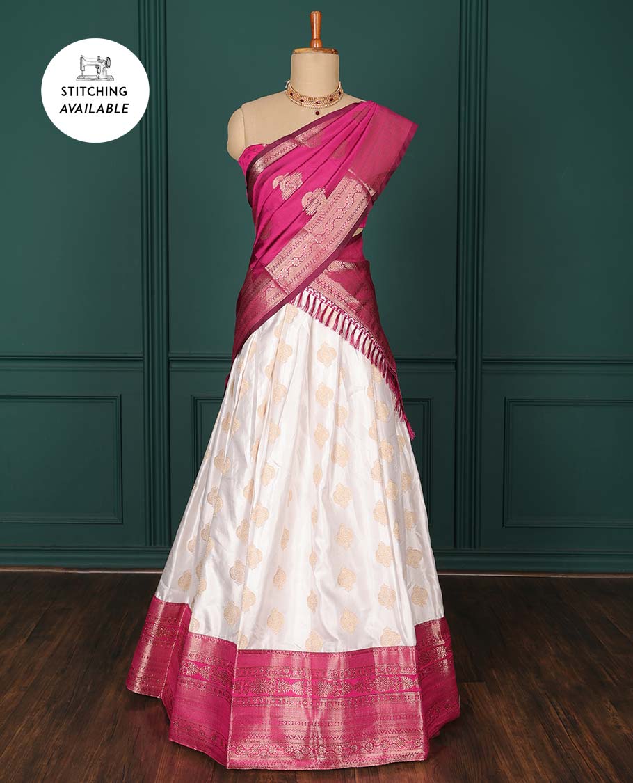 Cream zari buttas artsilk halfsaree, contrast traditional zari design border, jacquard blouse & intricate dhavani