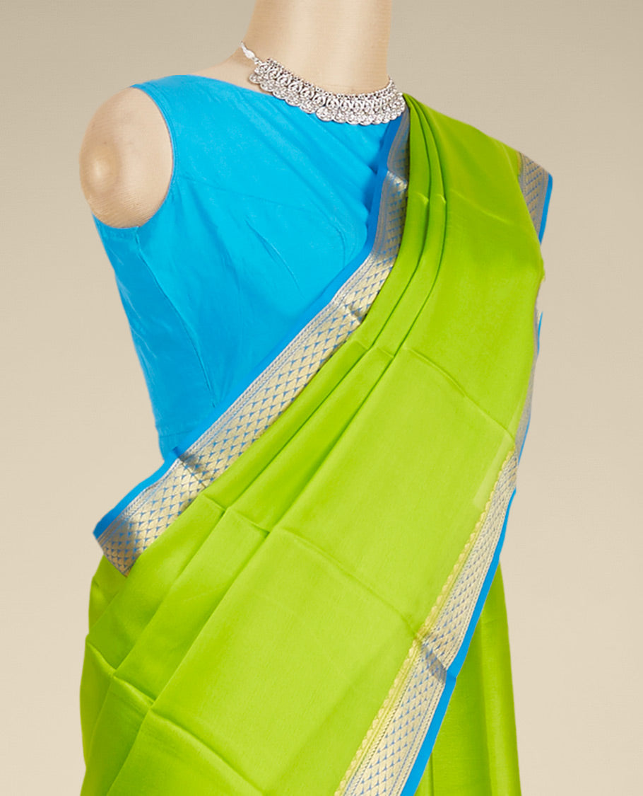 Green plain design mysore silk saree, contrast traditional zari design border