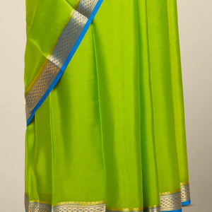 Green plain design mysore silk saree, contrast traditional zari design border