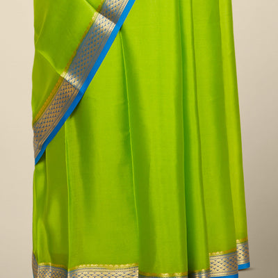 Green plain design mysore silk saree, contrast traditional zari design border