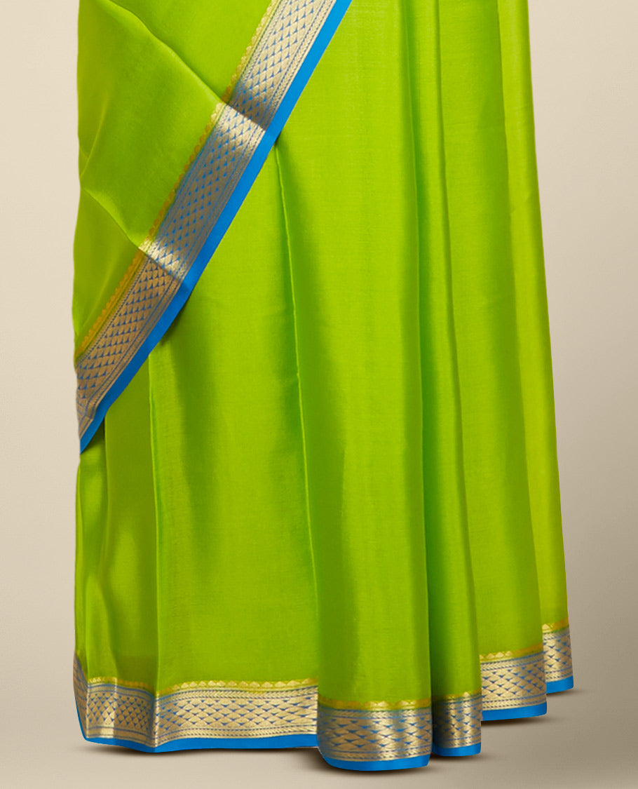 Green plain design mysore silk saree, contrast traditional zari design border