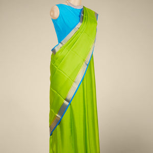 Green plain design mysore silk saree, contrast traditional zari design border