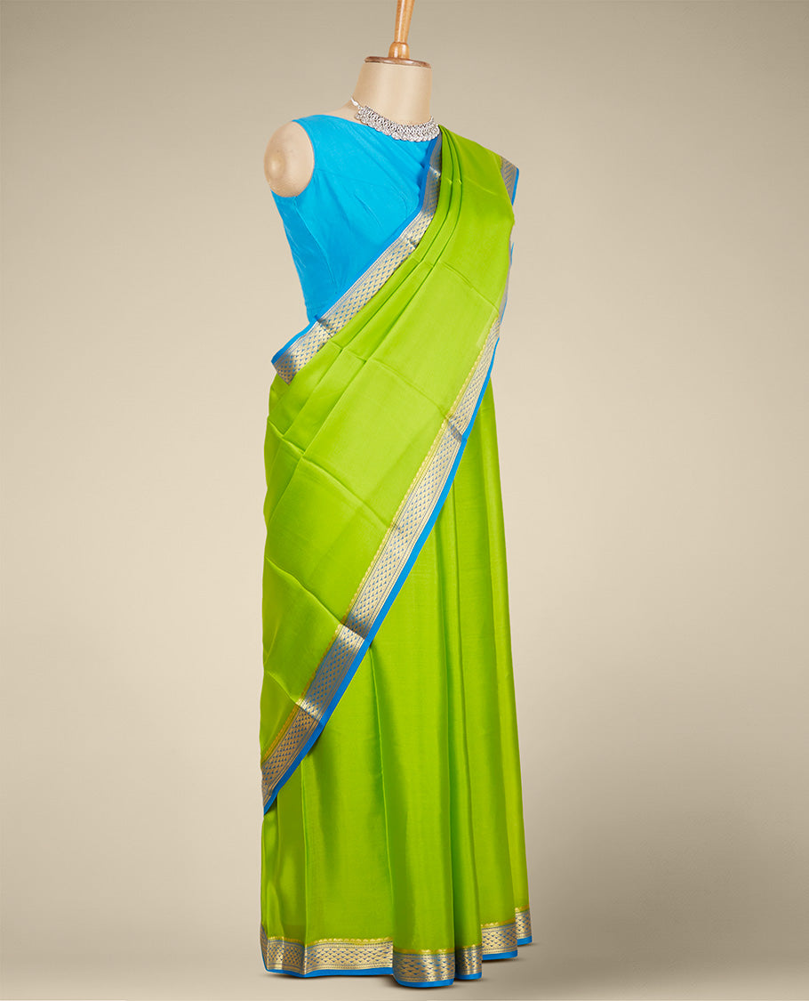 Green plain design mysore silk saree, contrast traditional zari design border